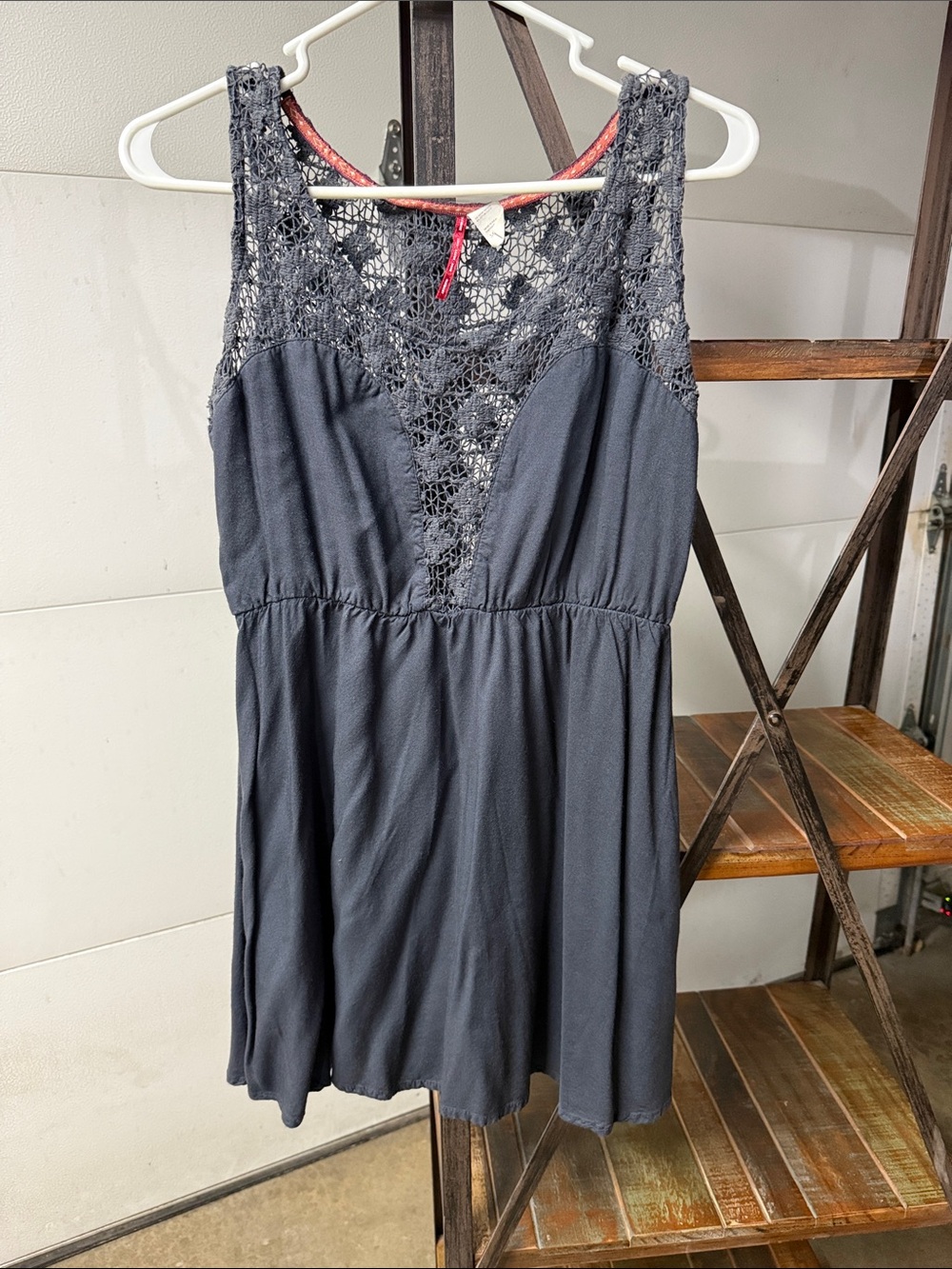 Element Gray Blue Mini Dress with Lace Yoke
